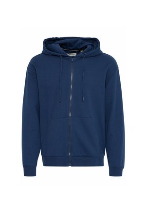 Navy Zip-Hoodie aus weichem Stoff, mit einer Fronttasche, Kordelzugkapuze und gerippten Bündchen. Glatte Textur ohne Muster.