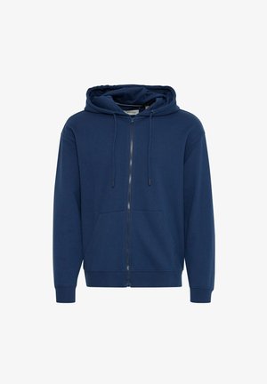 Granatowa bluza z kapturem na zamek, wykonana z miękkiego materiału, z przednią kieszenią, kapturem na sznurku i ściągaczami na rękawach. Gładka tekstura bez wzorów.