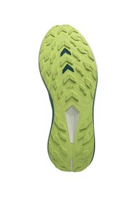 Suela de zapato de goma verde con superficie texturizada que presenta dibujos direccionales múltiples y un corte central para mejorar la flexibilidad y la tracción.