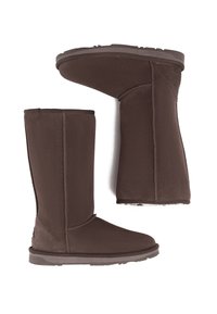 Braune Wildleder-Stiefel bis zum Knie mit einer glatten Texture, flachen Sohlen und minimalen Nähdetails. Mit einer abgerundeten Spitze und einem weichen Innenfutter.