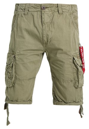 Olivovo zelené cargo šortky s viacerými vreckami, nastaviteľnými šnúrkami na leme a červenými detailmi. Vyrobené z ľahkého materiálu.