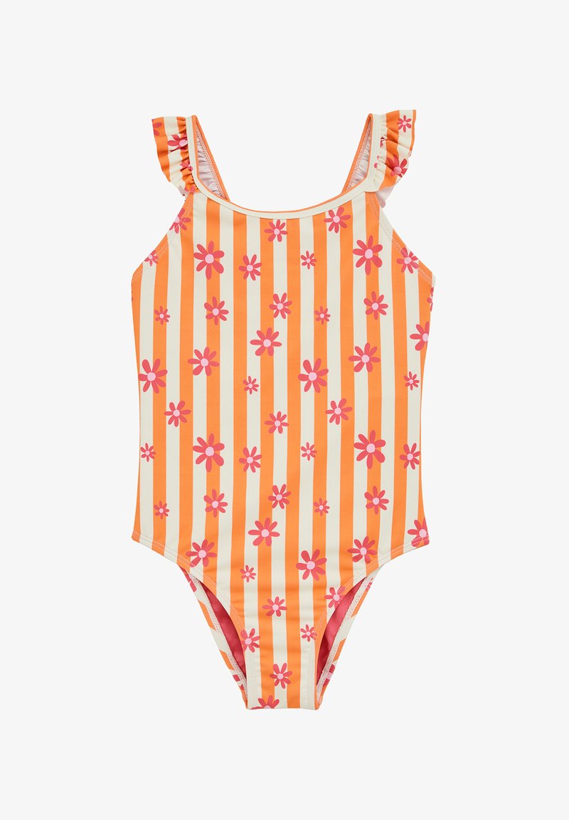 Enodelne kopalke s oranžnimi in kremnimi črtami, okrašene z rožnatimi cvetovi. Imajo naborke na naramnicah in oprijeto obliko.