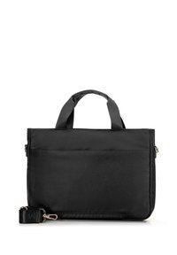 Schwarze Stofftasche mit zwei kurzen Griffen, Reißverschluss und abnehmbarem Tragegurt. Glatte Textur, einfaches Design und eineFronttasche.