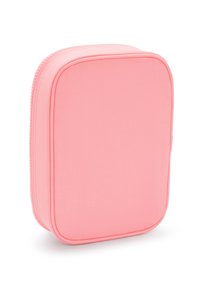 Růžová kosmetická taška se zipem, obdélníkového tvaru, s hladkým textilním povrchem a zaoblenými rohy. Obsahuje prošívané detaily podél okrajů.