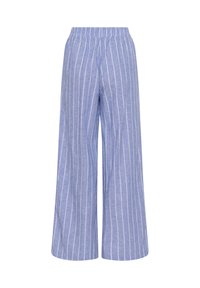 Svetlomodré široké nohavice s bielymi vertikálnymi pruhmi a elastickým pásom, zobrazené na bielom pozadí.