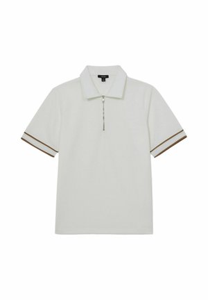 White polo shirt with a short zip collar, featuring brown striped accents on the sleeves. Made from soft, textured fabric.
