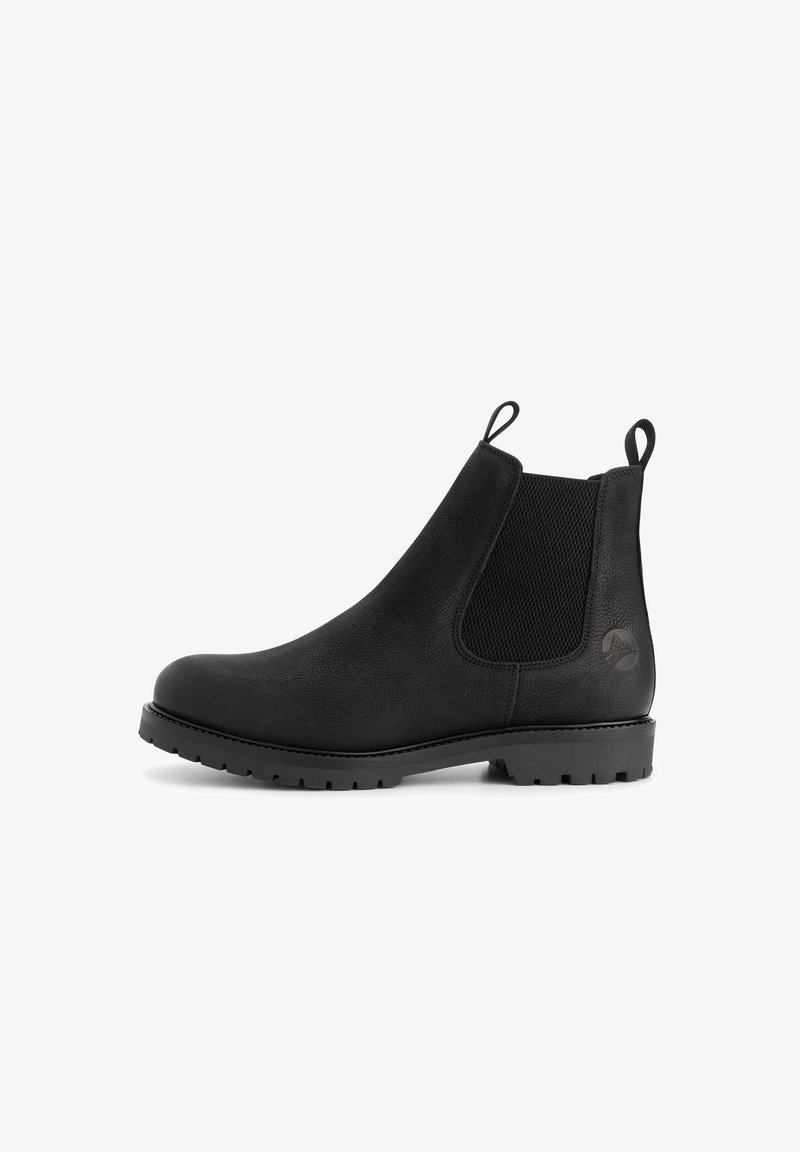 Bottine Chelsea en cuir noir avec panneaux latéraux élastiques, languettes à l'avant et à l'arrière, et semelle robuste, vue de profil droit.