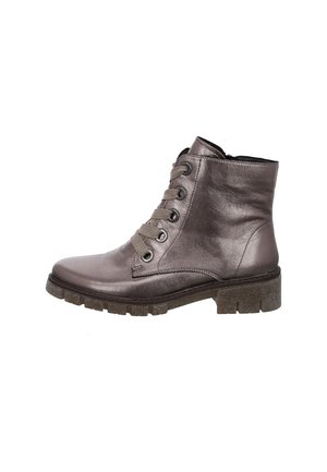 Metallic gray leather ankle boot with lace-up front and thick textured sole on a white background.