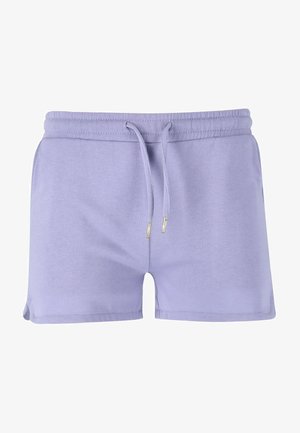 Shorts en coton lavande avec une taille élastique, un cordon de serrage ajustable et des finitions en métal doré. Présente une texture lisse et des fentes sur les côtés.