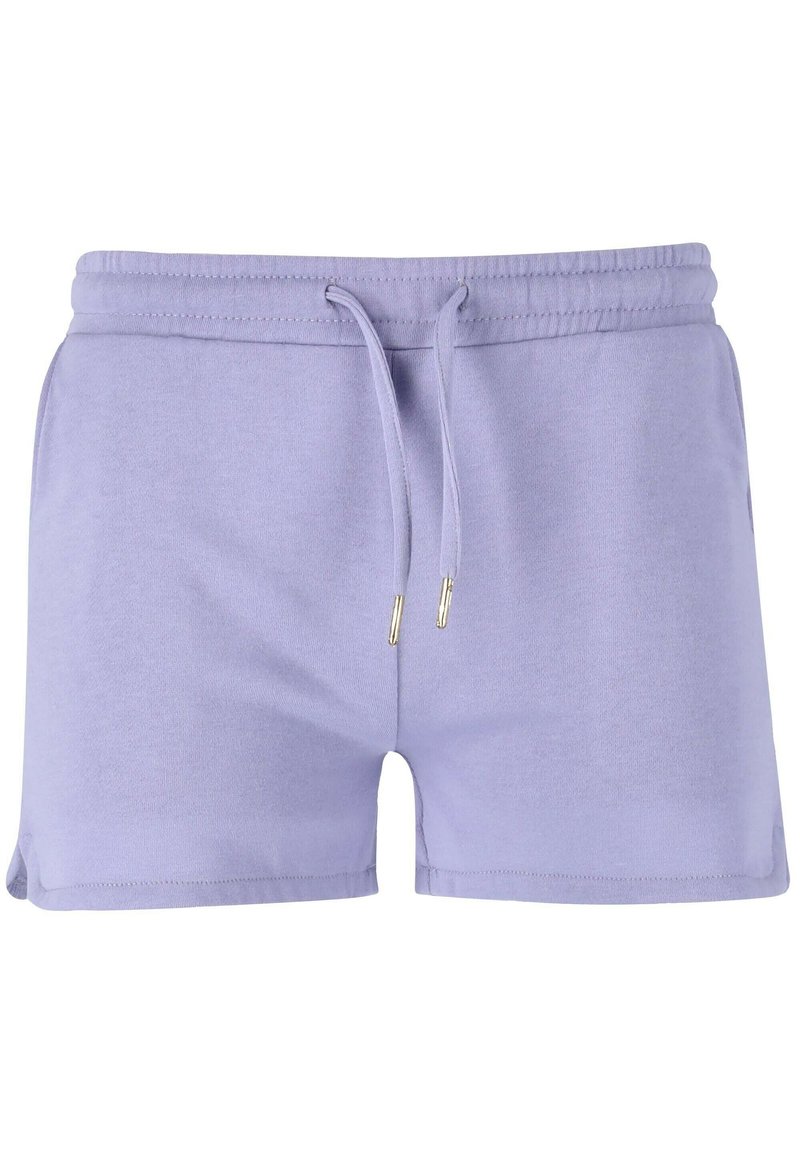 Lila bomullsshorts med elastiskt midjeband, justerbar dragsko och detaljer i guldton. Har en slät yta och sidofickor.