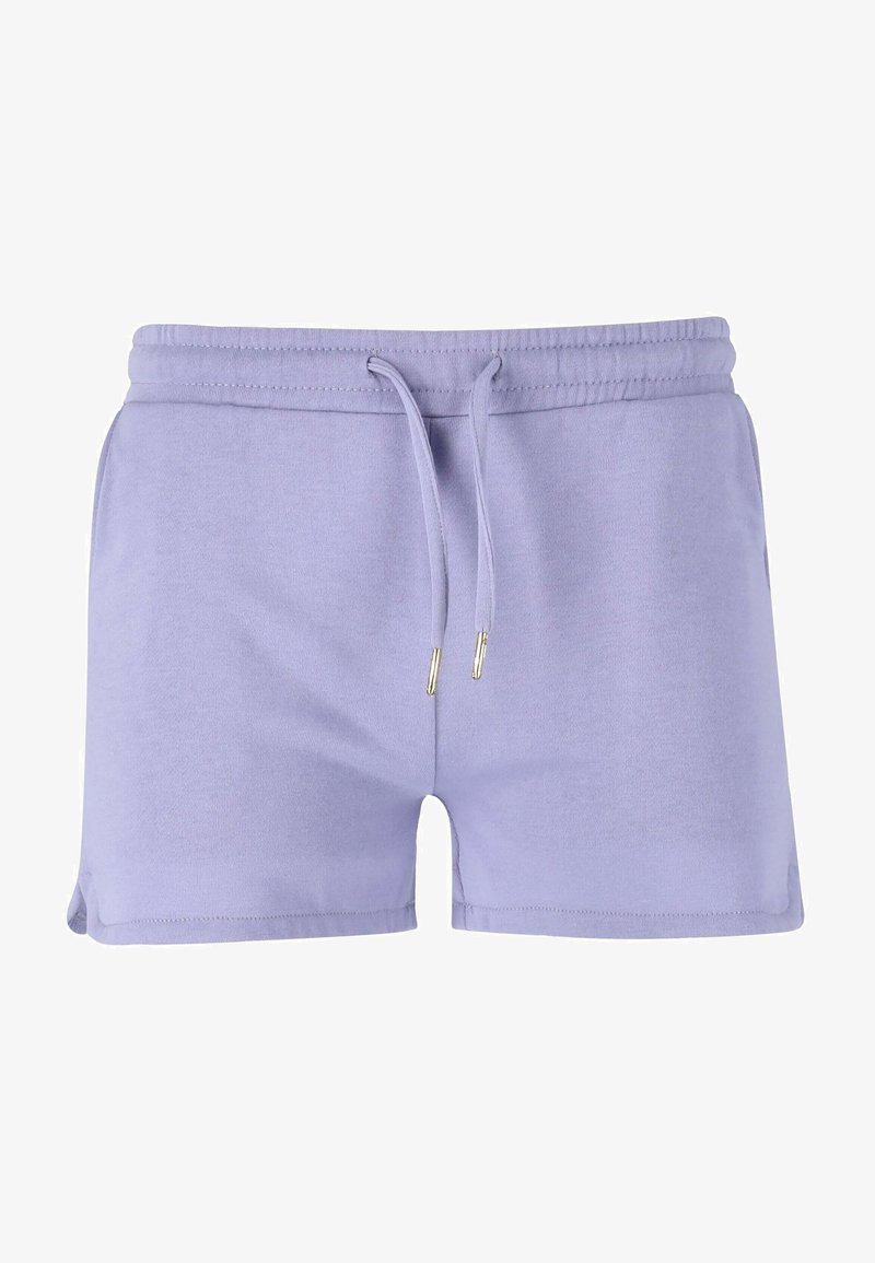 Shorts en coton lavande avec une taille élastique, un cordon de serrage ajustable et des finitions en métal doré. Présente une texture lisse et des fentes sur les côtés.