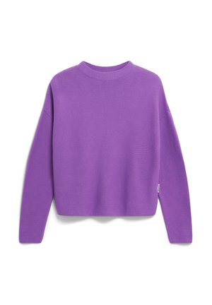 Purple, cropped sweater with long sleeves, ribbed texture, and a crew neck. Features a small brand label on the side.