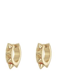 Guld øreringe i hoop-design med en tekstureret overflade og seks koniske nitter jævnt fordelt rundt om den ydre kant.