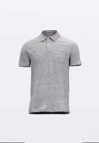 Grå kortermet poloshirt med teksturert overflate, med krage og brystlomme. Rett kant med en subtil kontrastkant.