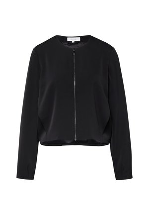 Czarna kurtka z długim rękawem, okrągłym dekoltem i przednim zamkiem błyskawicznym, minimalistyczny design, metka z napisem "COMMA", rozmiar 36 wewnątrz kołnierza.