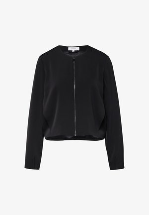 Czarna kurtka z długim rękawem, okrągłym dekoltem i przednim zamkiem błyskawicznym, minimalistyczny design, metka z napisem "COMMA", rozmiar 36 wewnątrz kołnierza.