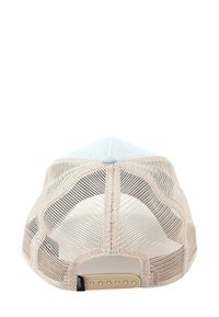 Cappello con rete posteriore di colore beige chiaro e pannello frontale blu chiaro. Presenta una chiusura a scatto in plastica e un motivo discreto nei dettagli della rete.