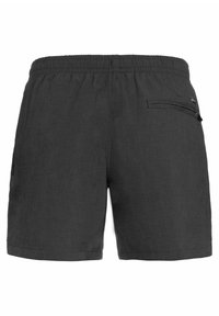 Shorts grigio scuro realizzati in tessuto leggero con cintura elastica, dotati di una tasca posteriore con zip e tasche laterali.