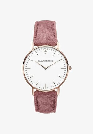 Roségoldene Uhr mit einem weißen analogen Zifferblatt, schmalem rosefarbenem Wildlederarmband, minimalistischen Stundenmarkierungen und einem runden Metallgehäuse.