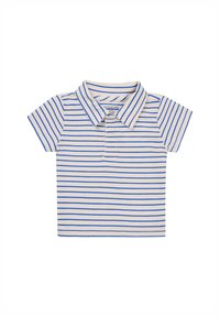 Korte mouw polo t-shirt in beige met blauwe horizontale strepen, voorzien van een klassieke kraag en een sluiting met drie knopen.
