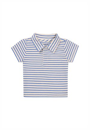 Short-sleeve polo shirt in beige with blue horizontal stripes, featuring a classic collar and three-button placket for closure.