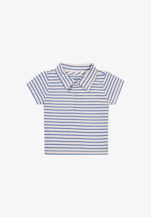 Polo de manga corta en beige con rayas horizontales azules, con un cuello clásico y tapeta de tres botones para el cierre.