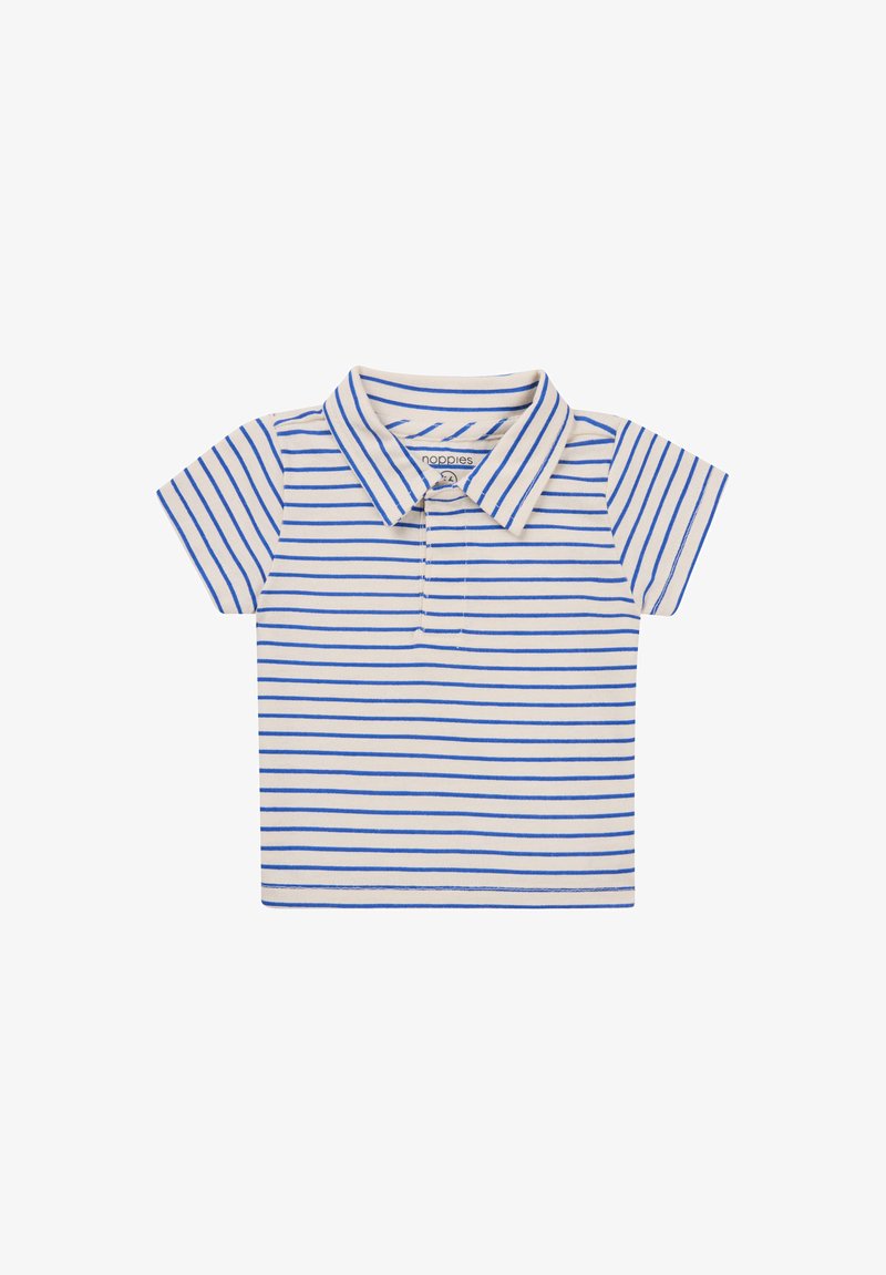 Koszulka polo z krótkim rękawem w kolorze beżowym z niebieskimi poziomymi paskami, z klasycznym kołnierzykiem i zapięciem na trzy guziki.
