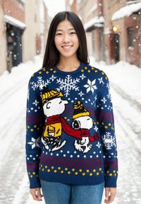 Maglione lavorato a maglia blu navy con personaggi dei cartoni animati in abbigliamento invernale, arricchito da fiocchi di neve bianchi e motivi geometrici colorati.