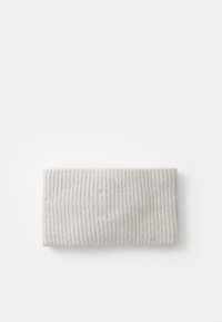 Light grey ribbed fabric headband, neatly folded with a soft texture and subtle vertical stripes, measuring approximately 5 inches wide.