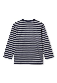 T-shirt a maniche lunghe con righe orizzontali blu navy e grigio, in morbido cotone, collo a giro e vestibilità casual.