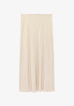Beige, mid-lange, vloeiende rok met een hoge taille en zacht vallende stof, geschikt voor casual of formeel gebruik.