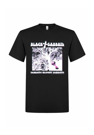 Black t-shirt with White inverted tree graphic and a figure falling, text "Black Sabbath" above and "Sabbath Bloody Sabbath" below the image.