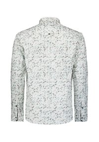 Langarmshirt in lichtblauw en wit met een geometrisch patroon. Heeft een standaard kraag en knoopsluitingen op de mouwen en de rug.