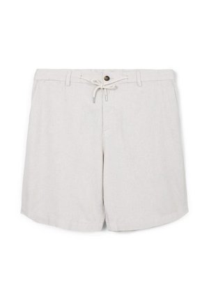 Pantaloni corti casual color beige chiaro con chiusura a bottone e cordoncino, passanti per cintura e tasche laterali, adagiati su uno sfondo bianco.