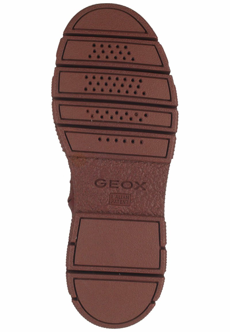 Suela de zapato de goma marrón con un acabado texturizado, con surcos prominentes y agujeros de ventilación, etiquetada con "GEOX" y "PATENTE ITALIANA".