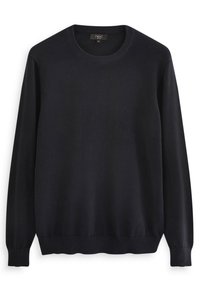 Schwarzer Langarmpullover aus glattem Strickmaterial, mit Rundhalsausschnitt und gerippten Bündchen sowie Saum. Schlichtes, einfarbiges Design.