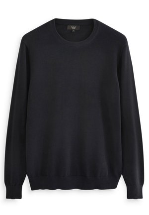 Jersey negro de manga larga elaborado en un tejido de punto suave, con un escote redondo y puños y dobladillo acanalados. Diseño simple y sin estampados.
