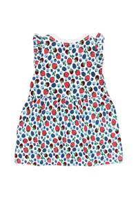 Vestido sin mangas de tela blanca decorado con un colorido patrón de frutas, que incluye fresas rojas y arándanos, con acentos de volantes en los hombros.