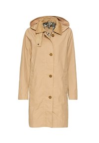 Beige wasserdichter Trenchcoat mit einem Cordkragen, Knopfleiste und zwei Seitentaschen. Entworfen mit einer Kapuze und einem gemusterten Innenfutter.