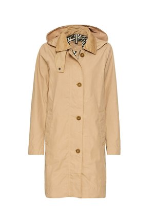 Beige waterdichte trenchcoat met een corduroy kraag, knoopsluiting aan de voorkant en twee zijzakken. Ontworpen met een capuchon en een gemêleerde voering.