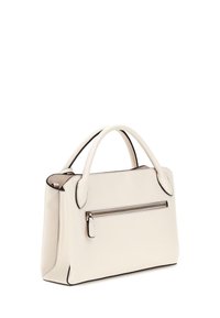 Borsa bianca texturizzata con manici doppi, tasca frontale con zip e dettagli neri. Forma rettangolare, finitura liscia.