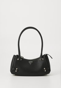 Black handbag with a textured finish, dual short handles, zip closure, triangular logo accent, and metallic hardware details.