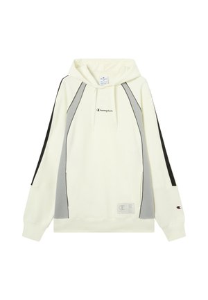 Hoodie in crème met grijze zijpanelen en zwarte accenten. Voorzien van een voorzak en een geborduurd logo. Zachte stoftextuur.