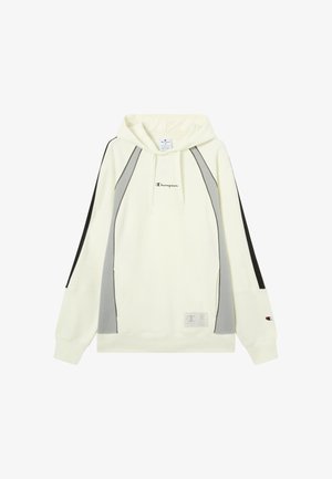 Hoodie in crème met grijze zijpanelen en zwarte accenten. Voorzien van een voorzak en een geborduurd logo. Zachte stoftextuur.