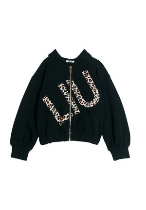 Black cropped hoodie with a leopard print "LIU" design. Features a zip front, elasticated hem, and balloon sleeves for a relaxed fit.