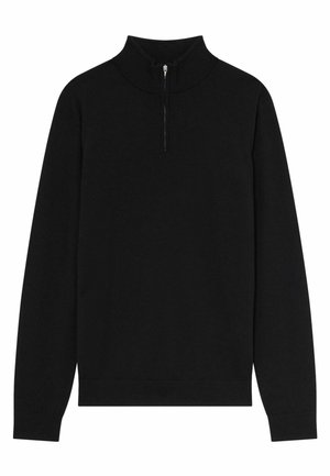 Suéter negro de pullover con cuello de cremallera y mangas largas, hecho de una tela suave. Cuenta con un cuello alto y puños elásticos para un ajuste ceñido.