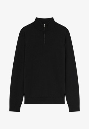 Zwarte pull-over met ritssluiting en lange mouwen, gemaakt van zachte stof. De trui heeft een hoge kraag en elastische cuffs voor een comfortabele pasvorm.