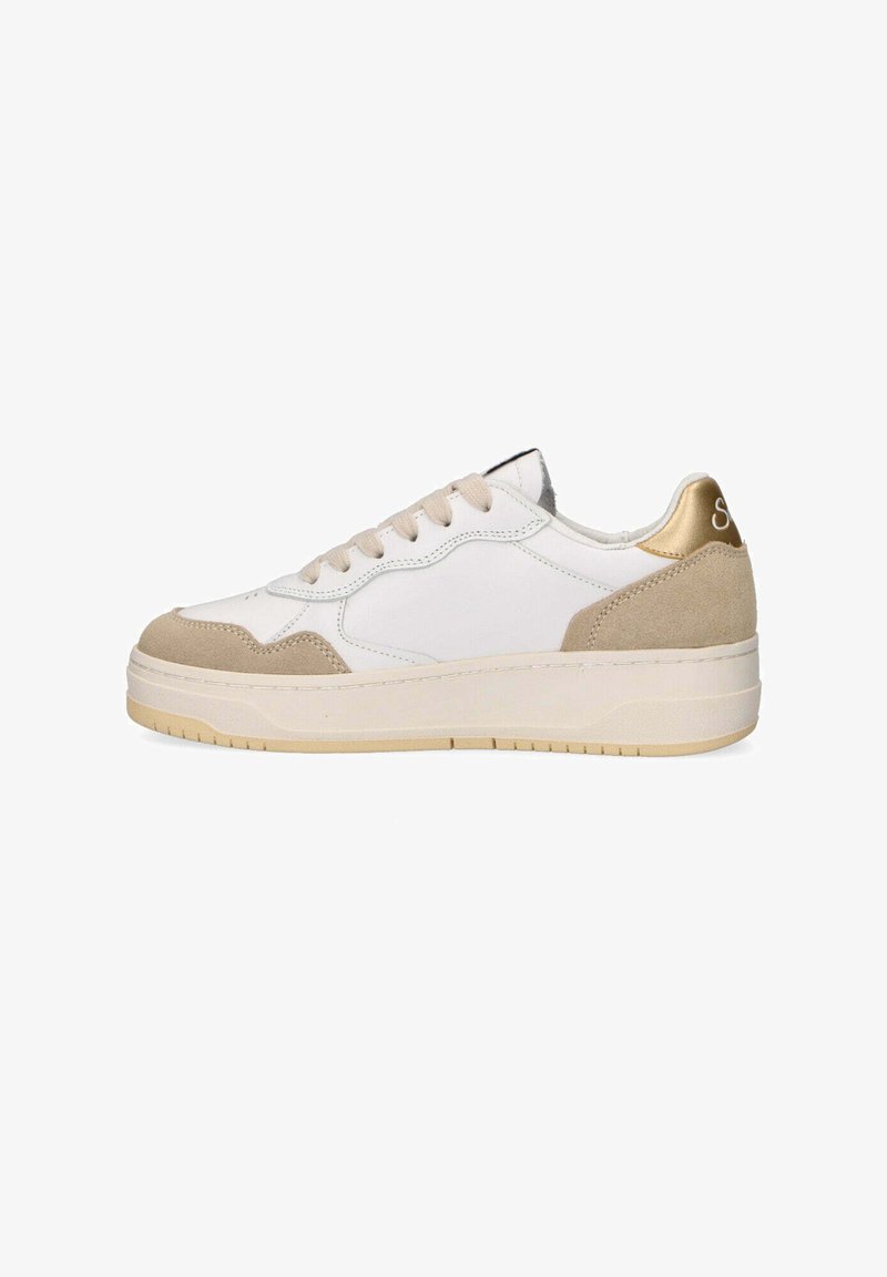 White and beige low-top sneaker with beige laces, beige suede toe and heel accents, and metallic gold detail on the heel tab.