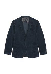Blazer in velluto a coste blu navy con rever a martello, chiusura frontale a due bottoni, polsini con quattro bottoni e due tasche frontali. Fodera liscia.