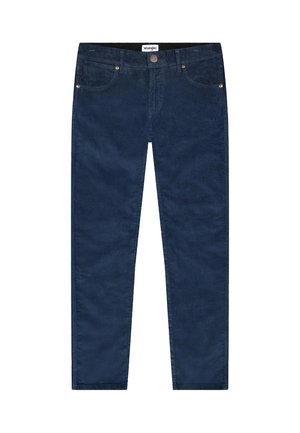 Navyblaue Cordhosen mit geradem Bein, ausgestattet mit fünf Taschen und orangefarbenen Nähten, aus weichem, strukturiertem Material hergestellt.